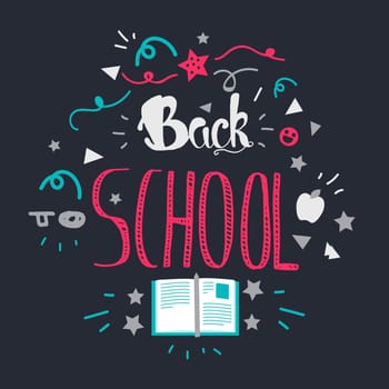 Vintage Back To School Lettering Banner. Knowledge day greeting card with book and pencil for print, t-shirt, badge, cloth, poster. Vector