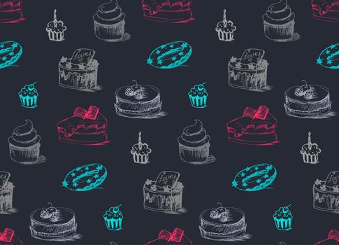 Tasty Cakes Seamless Pattern. Cream Food Background. Bakery sticker and wrap, print and fabric. Candy, sweet wallpaper. Vector