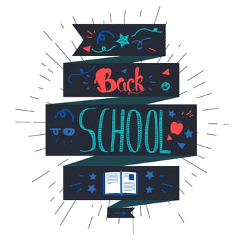 Vintage Back To School Lettering Banner. Knowledge day greeting card with book and pencil for print, t-shirt, badge, cloth, poster. Vector