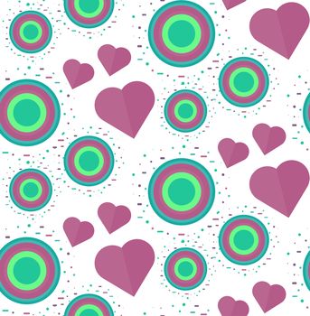 Vintage Seamless Romantic Pattern for Wrap, Print, Fabric, Textile, Greeting Card. Ornament with heart and circle for clothes and wallpaper, stickers and mosaic. Wedding retro background. Vector