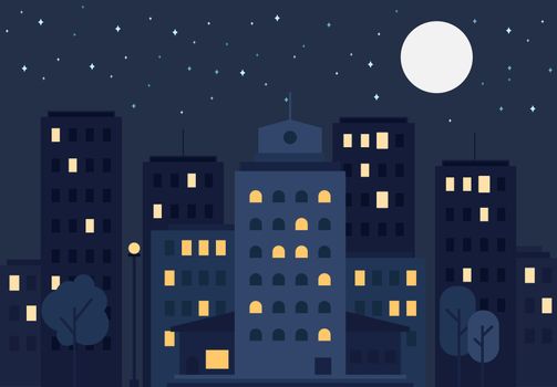 Night City Life Concept. Town street. Urban Landscape Banner with buildings, trees, shop, stores, sky and sun. Vector