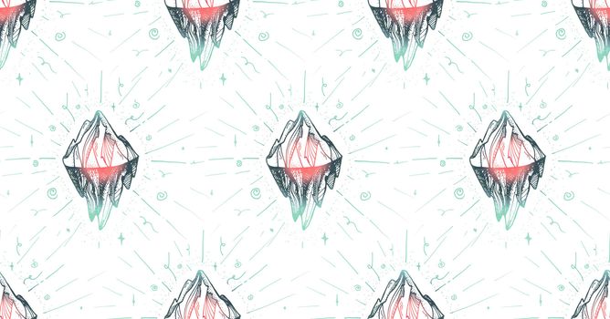 Inspirational mountain seamless pattern for print, fabric, t-shirt, greeting, card. Vintage boho hand drawn nature iceberg peak. Travel outdoors adventure. Motivational meditation ornament. Vector