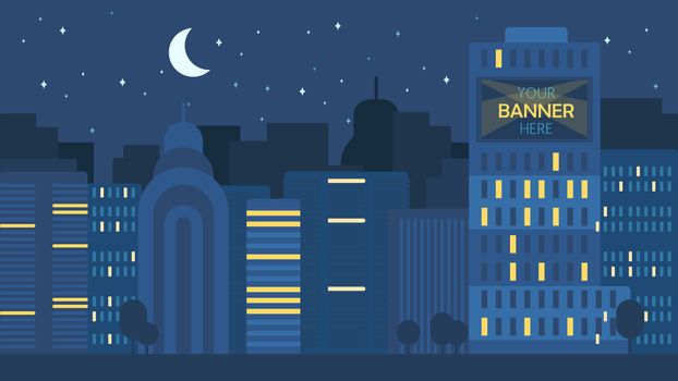 Night City Life Concept. Town street. Urban Landscape Banner with buildings, trees, shop, stores, sky and sun. Vector