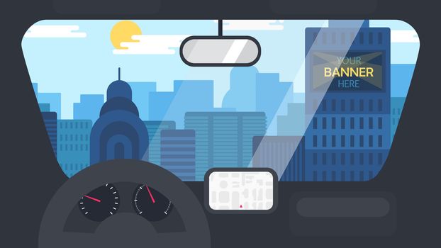 Day City Life Concept. Town street from inside car interior with wheel, speedometer, gps navigator. Urban Landscape Banner with buildings, sky and sun. Vector