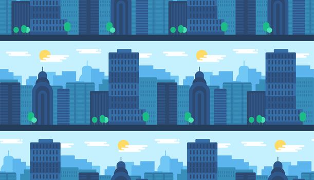 Day City Life Concept Seamless Pattern. Town street. Urban Landscape Banner with buildings, trees, shop, stores, sky and sun. Vector