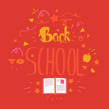 Vintage Back To School Lettering Banner. Knowledge day greeting card with book and pencil for print, t-shirt, badge, cloth, poster. Vector