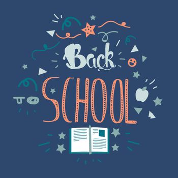 Vintage Back To School Lettering Banner. Knowledge day greeting card with book and pencil for print, t-shirt, badge, cloth, poster. Vector