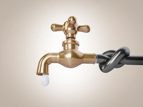 3d Rendering of Classic brass faucet sticking out from a blocked pipe, clipping path included.