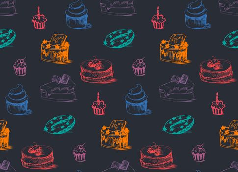 Tasty Cakes Seamless Pattern. Cream Food Background. Bakery sticker and wrap, print and fabric. Candy, sweet wallpaper. Vector