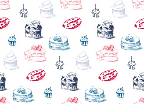 Tasty Cakes Seamless Pattern. Cream Food Background. Bakery sticker and wrap, print and fabric. Candy, sweet wallpaper. Vector