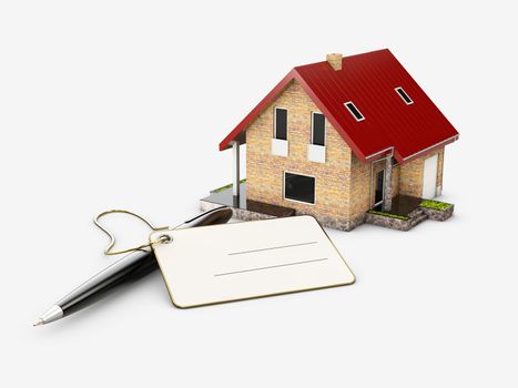 3d Illustration of House model with pencil and card, banking concept.