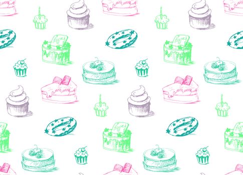 Tasty Cakes Seamless Pattern. Cream Food Background. Bakery sticker and wrap, print and fabric. Candy, sweet wallpaper. Vector