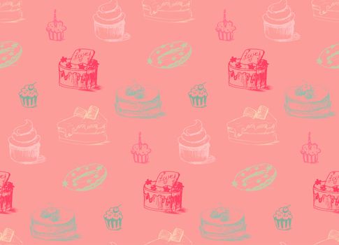 Tasty Cakes Seamless Pattern. Cream Food Background. Bakery sticker and wrap, print and fabric. Candy, sweet wallpaper. Vector