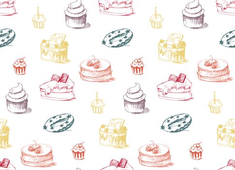 Tasty Cakes Seamless Pattern. Cream Food Background. Bakery sticker and wrap, print and fabric. Candy, sweet wallpaper. Vector