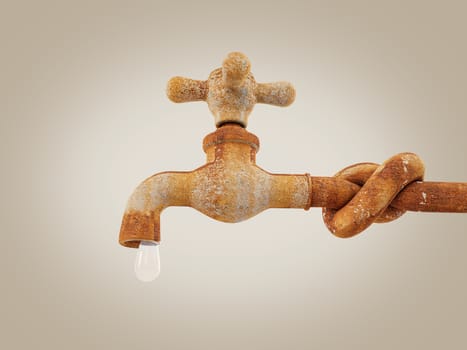 3d Rendering of old and rusty faucet with water drop, clipping path included.
