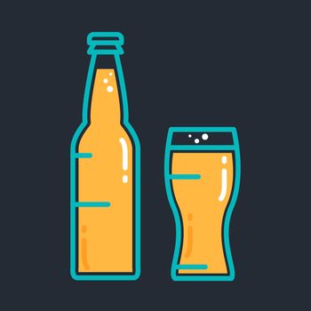 Cocktail, cold beer or juice bottle with glass. Alcohol banner with tumbler and beverage . Retro drink sticker. Vintage bar poster. Vector