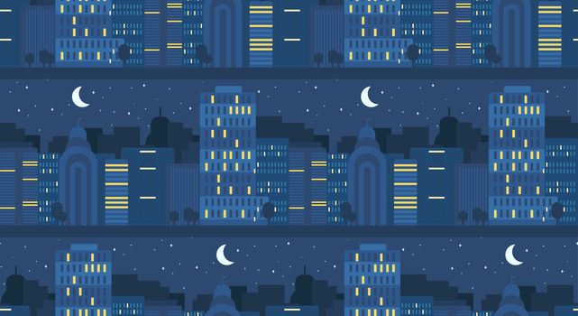 Night City Life Concept Seamless Pattern. Town street. Urban Landscape Banner with buildings, trees, shop, stores, sky and sun. Vector