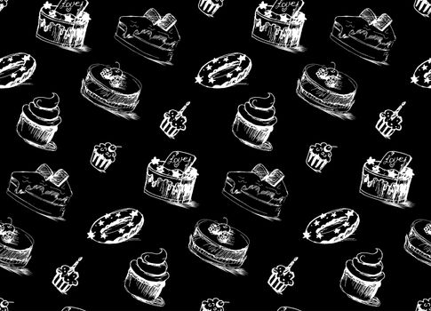 Tasty Cakes Seamless Pattern. Cream Food Background. Bakery sticker and wrap, print and fabric. Candy, sweet wallpaper. Vector