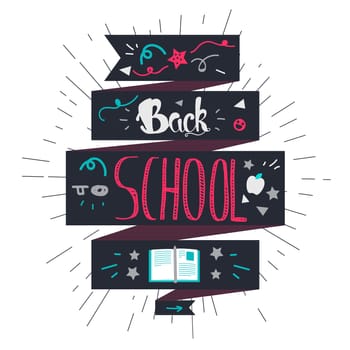 Vintage Back To School Lettering Banner. Knowledge day greeting card with book and pencil for print, t-shirt, badge, cloth, poster. Vector