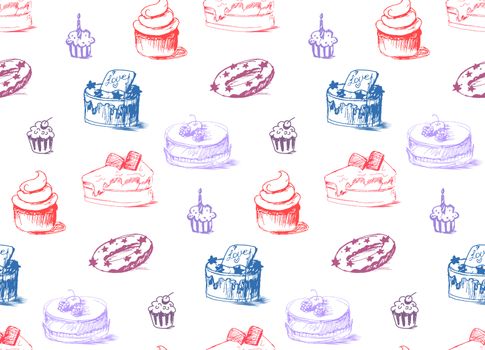 Tasty Cakes Seamless Pattern. Cream Food Background. Bakery sticker and wrap, print and fabric. Candy, sweet wallpaper. Vector