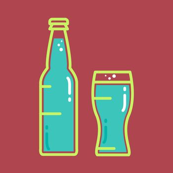 Cocktail, cold beer or juice bottle with glass. Alcohol banner with tumbler and beverage . Retro drink sticker. Vintage bar poster. Vector