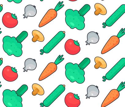 Fresh Vegetable Salad from tomato, cucumber and cabbage, carrot, mushroom and garlic. Tasty food seamless pattern for print, tablecloth and wrap, fabric, spread, card, banner. Vegan background. Vector