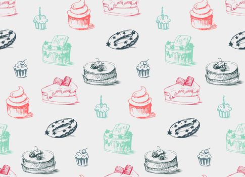 Tasty Cakes Seamless Pattern. Cream Food Background. Bakery sticker and wrap, print and fabric. Candy, sweet wallpaper. Vector