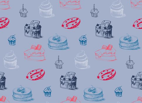 Tasty Cakes Seamless Pattern. Cream Food Background. Bakery sticker and wrap, print and fabric. Candy, sweet wallpaper. Vector
