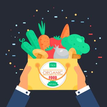 Fresh Vegetable Banner from tomato, cucumber and cabbage, carrot, mushroom and garlic in bag. Tasty natural food badge. Vegan sticker. Eco design element. Vector