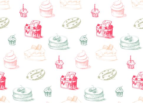 Tasty Cakes Seamless Pattern. Cream Food Background. Bakery sticker and wrap, print and fabric. Candy, sweet wallpaper. Vector