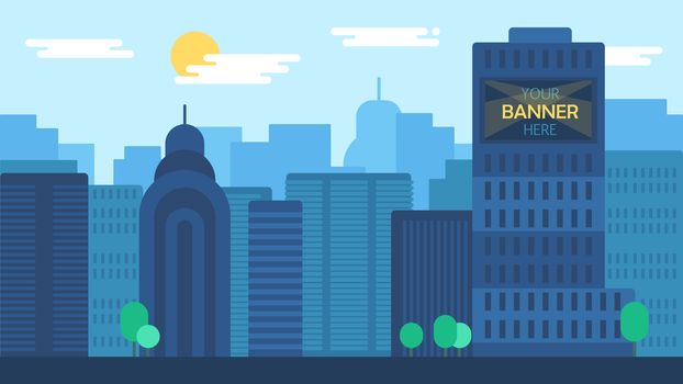 Day City Life Concept. Town street. Urban Landscape Banner with buildings, trees, shop, stores, sky and sun. Vector
