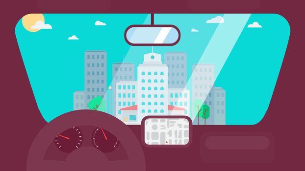 Day City Life Concept. Town street from inside car interior with wheel, speedometer, gps navigator. Urban Landscape Banner with buildings, trees, shop, stores, sky and sun. Vector