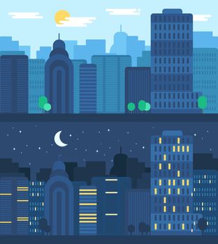 Day and Night City Life Concept. Town street. Urban Landscape Banner with buildings, trees, shop, stores, sky and sun. Vector