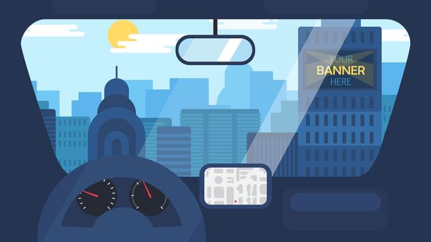 Day City Life Concept. Town street from inside car interior with wheel, speedometer, gps navigator. Urban Landscape Banner with buildings, trees, shop, stores, sky and sun. Vector