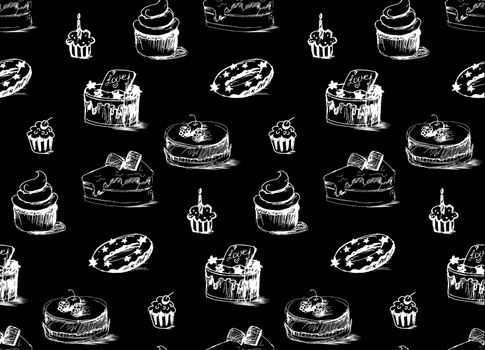 Tasty Cakes Seamless Pattern. Cream Food Background. Bakery sticker and wrap, print and fabric. Candy, sweet wallpaper. Vector
