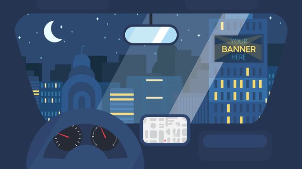 Night City Life Concept. Town street from inside car interior with wheel, speedometer, gps navigator. Urban Landscape Banner with buildings and moon. Vector
