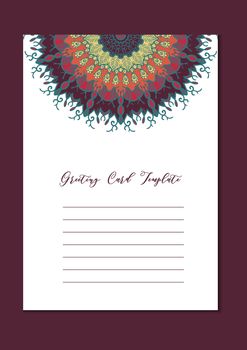 Business mandala card template. Oriental ethnic pattern. Mehndi ornament page for brochure, flyer, greeting, invitation cover. Design layout in boho and islam, arabic and east, indian style. Vector