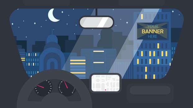 Night City Life Concept. Town street from inside car interior with wheel, speedometer, gps navigator. Urban Landscape Banner with buildings and moon. Vector