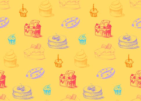 Tasty Cakes Seamless Pattern. Cream Food Background. Bakery sticker and wrap, print and fabric. Candy, sweet wallpaper. Vector