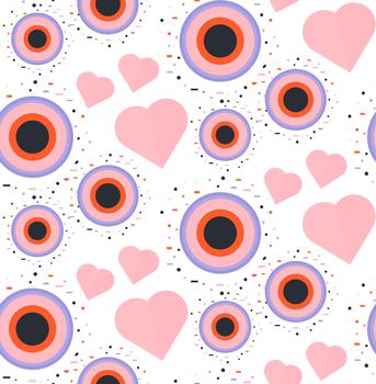 Vintage Seamless Romantic Pattern for Wrap, Print, Fabric, Textile, Greeting Card. Ornament with pink or red heart, circle for cloth, wallpaper, mosaic. Wedding, valentine retro background. Vector