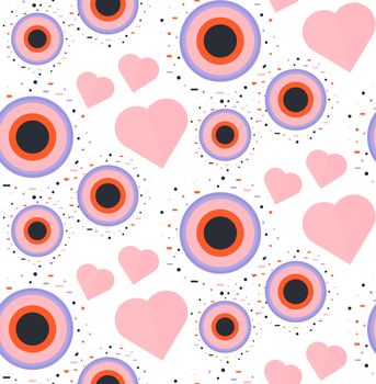 Vintage Seamless Romantic Pattern for Wrap, Print, Fabric, Textile, Greeting Card. Ornament with pink or red heart, circle for cloth, wallpaper, mosaic. Wedding, valentine retro background. Vector