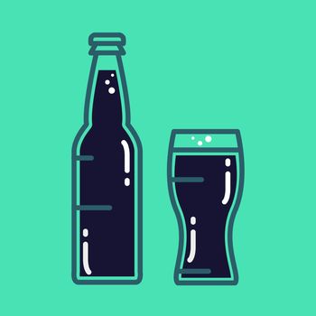 Cocktail, cold beer or juice bottle with glass. Alcohol banner with tumbler and beverage . Retro drink sticker. Vintage bar poster. Vector