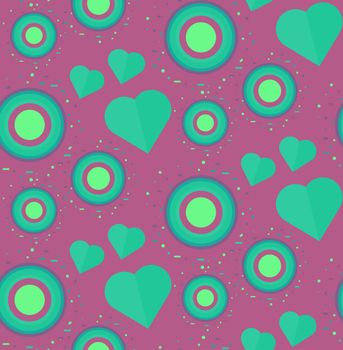 Vintage Seamless Romantic Pattern for Wrap, Print, Fabric, Textile, Greeting Card. Ornament with heart and circle for clothes and wallpaper, stickers and mosaic. Wedding retro background. Vector