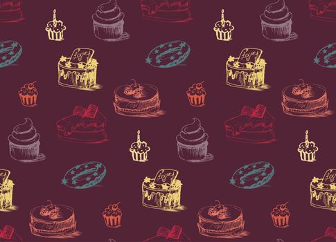 Tasty Cakes Seamless Pattern. Cream Food Background. Bakery sticker and wrap, print and fabric. Candy, sweet wallpaper. Vector
