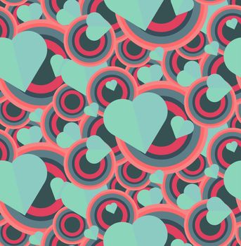 Vintage Seamless Romantic Pattern for Wrap, Print, Fabric, Textile, Greeting Card. Ornament with pink or red heart, circle for cloth, wallpaper, mosaic. Wedding, valentine retro background. Vector