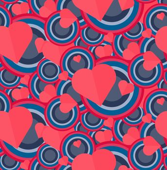 Vintage Seamless Romantic Pattern for Wrap, Print, Fabric, Textile, Greeting Card. Ornament with pink or red heart, circle for cloth, wallpaper, mosaic. Wedding, valentine retro background. Vector