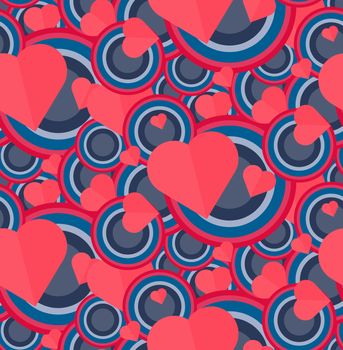 Vintage Seamless Romantic Pattern for Wrap, Print, Fabric, Textile, Greeting Card. Ornament with pink or red heart, circle for cloth, wallpaper, mosaic. Wedding, valentine retro background. Vector