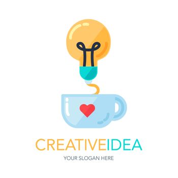 Simple Creative Success Idea Logo. Innovation symbol. Light bulb and cup. Design element for business startup, technology, science. Icon concept of invention, study, imagination and creativity. Vector