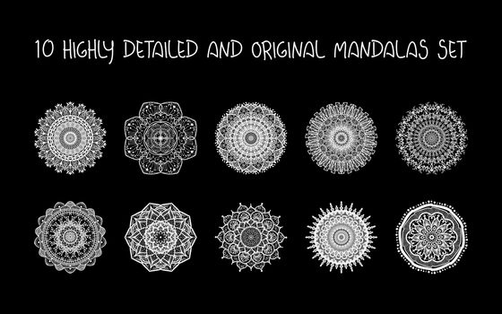 Hand drawn Gold Mandalas Set. Arabic, indian, turkish and ottoman culture decoration style. Ethnic ornamental background. Magic vintage template of greeting, print, cloth, tattoo. Vector