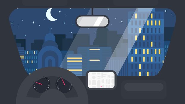 Night City Life Concept. Town street from inside car interior with wheel, speedometer, gps navigator. Urban Landscape Banner with buildings, trees, shop, stores, sky and sun. Vector
